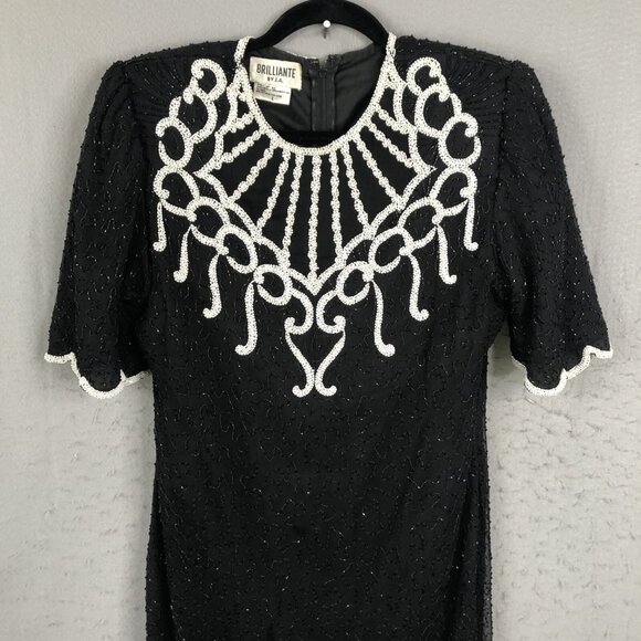 Vintage Brilliante by JA Dress Womens Large Black White Silk Beaded Cocktail - Picture 2 of 16